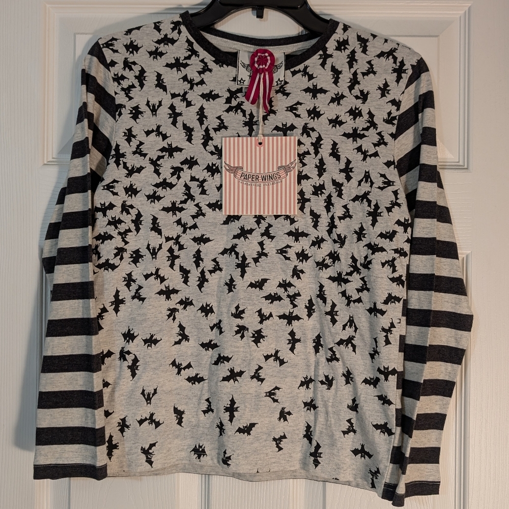 NWT Paper Wings Kids Gray and Black Bat Print Long Sleeve Shirt Size 12